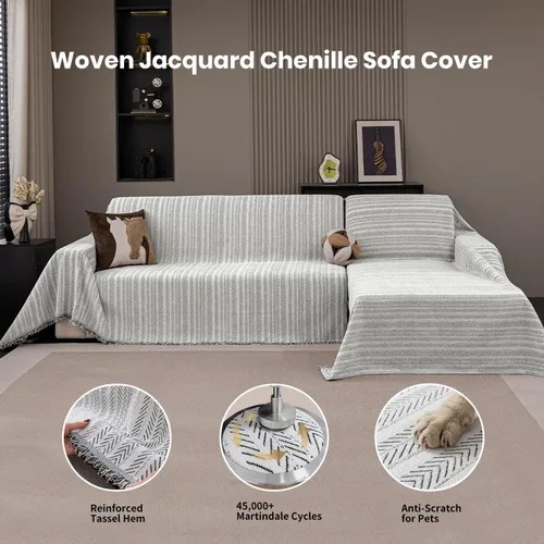 Miniatura 4 de Funda de sofá de felpilla antideslizante lavable para mascotas, funda de sofá con borlas, protector de muebles para sala de estar, color beige, 71 x