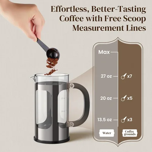 Miniatura 9 de Veken Cafetera de prensa francesa de 34 onzas, cafetera sin contacto de plástico, cafetera de acero inoxidable de vidrio grueso, cafetera de Pieltre