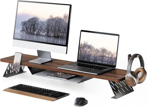 Miniatura 12 de Fenge Soporte de monitor doble, elevador de monitor de 42.5 pulgadas para escritorio, estante de escritorio de madera para 2 monitores, estante