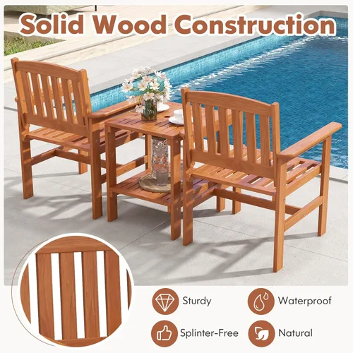 Miniatura 6 de Tangkula Juego de 3 piezas de conversación de patio, asiento de conversación de madera al aire libre con mesa y agujero para paraguas, juego de 3