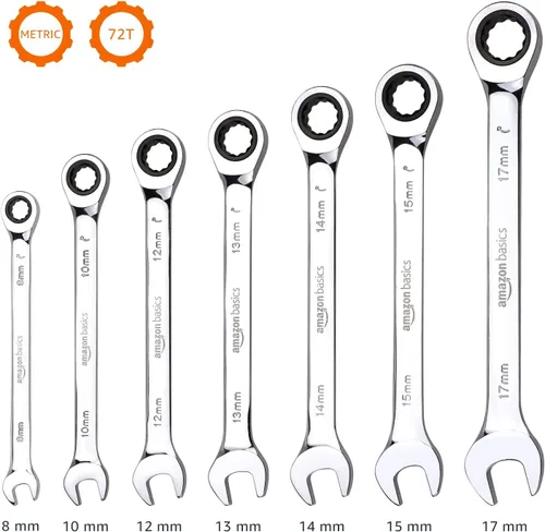 Miniatura 5 de Amazon Basics Juego de llaves combinadas de trinquete, métricas, 7 piezas Cromo