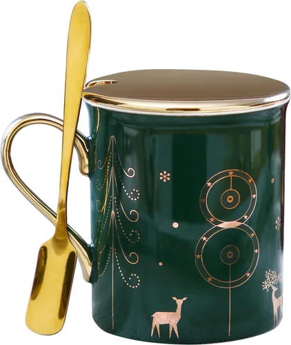 Juego de tazas de café navideñas con mango dorado, cuchara, tapa, elegante taza de agua decorativa de cerámica para mujeres y niñas, taza de