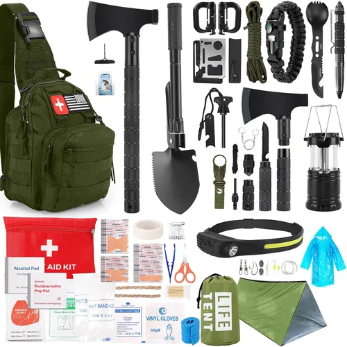 Miniatura 10 de Juego de supervivencia, 268 piezas, equipo y suministros de emergencia de supervivencia con kit de primeros auxilios, hacha de campamento, linterna