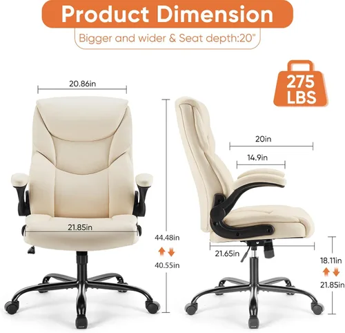 Miniatura 3 de Sweetcrispy Silla de oficina ergonómica de escritorio de alta resistencia con brazos abatibles, de cuero sintético, silla ajustable giratoria