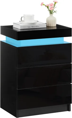 TUKAILAi Mesita de noche con luz LED, moderna mesita de noche negra con tapa abatible, mesita de noche pequeña con 3 cajones de madera, mesa