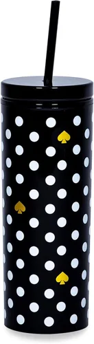 kate spade new york Vaso aislado con popote reutilizable, taza de viaje de acrílico negro de 24 onzas con tapa, lunares Polka Dots