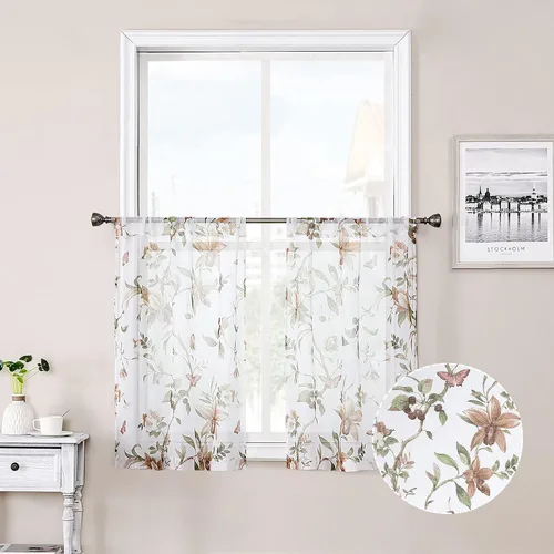 Miniatura 16 de Tollpiz Cortinas cortas y traslúcidas con estampado de mariposas y cerezo gris, media cortina con bolsillo para barra de cocina, cortinas