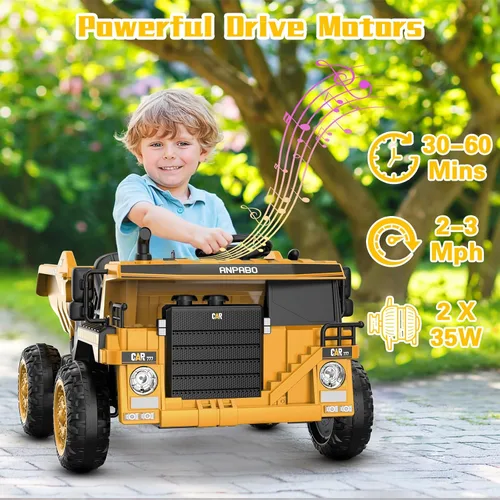 Miniatura 7 de ANPABO Camión volquete para montar, auto con control remoto, cama eléctrica y pala extra, vehículo de construcción con reproductor de música