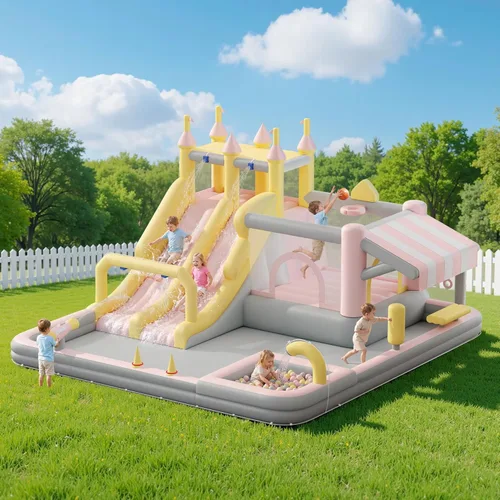 Miniatura 11 de Albott Casa inflable de rebote, tobogán acuático con zona de salto, pared de escalada y piscina de chapoteo, puente interior y exterior para niños