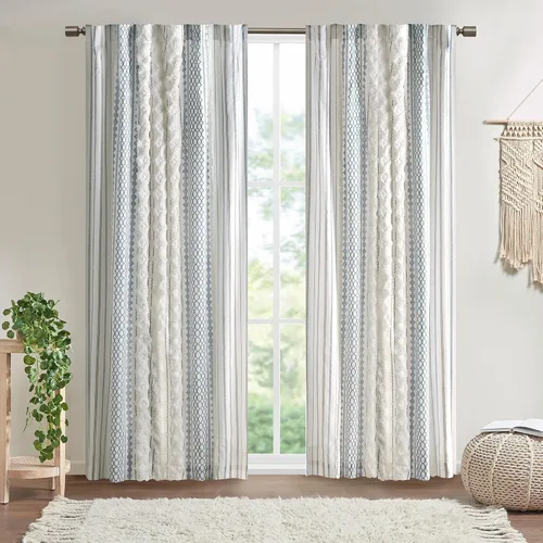 Miniatura 14 de INK+IVY Cortinas Boho para Dormitorio PANEL ÚNICO Cortinas de Ventana para Sala de Estar, 100% Algodón con Rayas de Chenilla Copetuda Estilo Granja