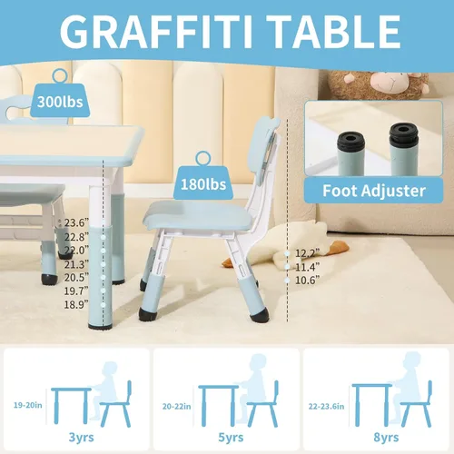 Miniatura 3 de Hulaibit Juego de mesa y sillas para niños, mesa de niños con escritorio de graffiti y 4 sillas, mesa de estudio para niños con altura ajustable