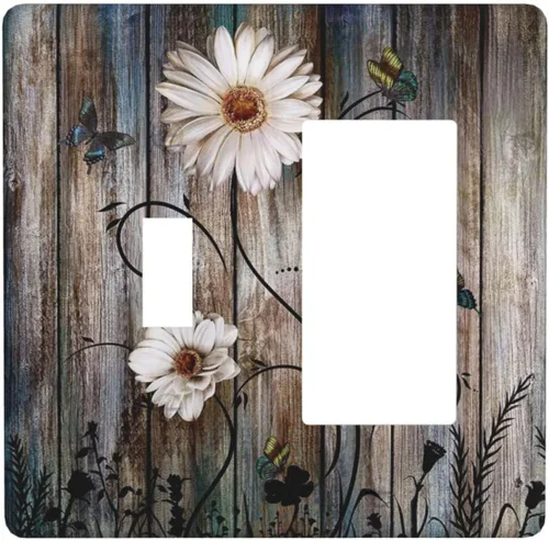 Miniatura 2 de Cubierta de interruptor de luz basculante de palanca de 2 bandas con textura de tablón rústico, diseño floral de mariposa y margarita