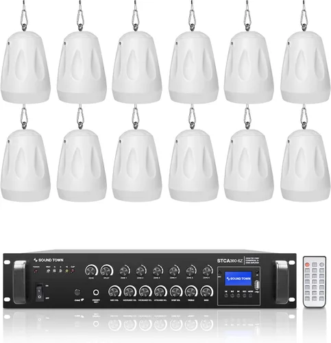 Miniatura 13 de Sound Town Amplificador Bluetooth para restaurante comercial + juego de altavoces colgantes, con un amplificador de 2 zonas de 70 V/100 V