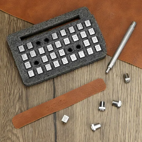Miniatura 2 de QWORK Juego de sellos de cuero para trabajo de cuero, kit completo de 37 piezas con números, letras y mango de acero, tamaño de 1/4 pulgadas