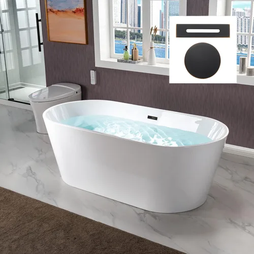 Miniatura 17 de WOODBRIDGE Bañera de acrílico independiente de 67 pulgadas, bañera de remojo contemporánea, acrílico blanco (desagüe/desbordamiento negro mate), B/M