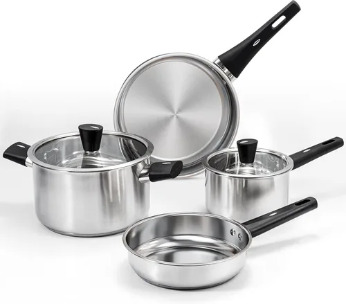 Juego de ollas y sartenes de acero inoxidable de 6 piezas, juego de utensilios de cocina con asas que se mantienen frías, compatibles con gas,