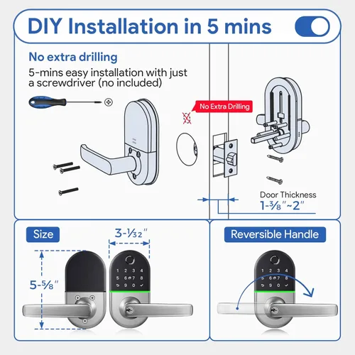 Miniatura 5 de Cerradura de puerta con teclado inteligente con asa: cerradura de huellas dactilares NICE DIGI sin llave para puerta delantera/interior, cerradura