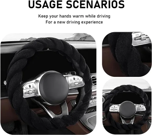 Miniatura 4 de KVAEY - Funda para volante de coche de felpa suave, de 15 pulgadas, antideslizante y redonda, protector de volante de invierno, funda de volante
