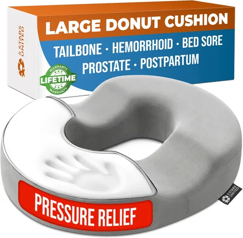 Miniatura 10 de 5 STARS UNITED Almohada de dona para dolor de coxis y hemorroides – Cojín grande de espuma viscoelástica con capa de gel de enfriamiento para zonas