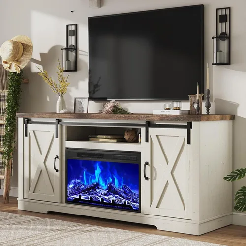 Miniatura 12 de AMERLIFE Soporte de TV con chimenea de 59 pulgadas para televisores de hasta 65 pulgadas, centro de entretenimiento de granja con puertas correderas