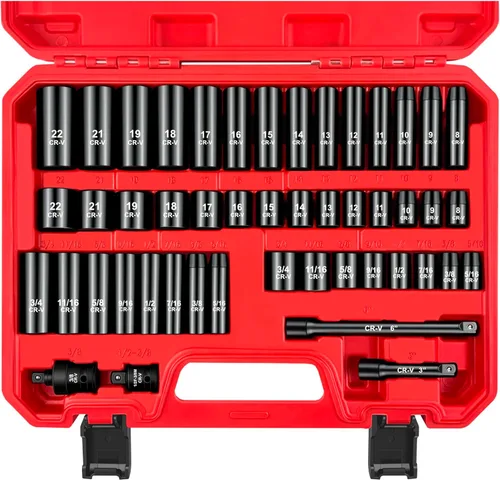 Miniatura 9 de WETT Juego de llaves de impacto de 1/2 pulgada con 29 piezas de estrías profundas con barra de extensión, acero Cr-V, SAE y métrico, 6 puntas