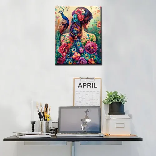 Miniatura 2 de Pintura por números para adultos principiantes, flores, pavo real y niña, pintura por números sobre lienzo, fácil de pintar para principiantes