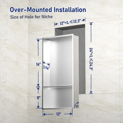 Miniatura 3 de Nicho de ducha de acero inoxidable de 24 x 12 pulgadas, cepillado, no necesita azulejos, nicho de pared con estantes dobles, estante de ducha