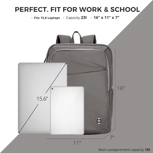 Miniatura 3 de Swissdigital SD1006F-02 - Mochila de viaje con puerto de carga USB, se adapta a mochilas de computadora escolar de 15.6 pulgadas para trabajo y Gris