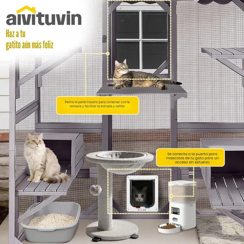 Miniatura 3 de Aivituvin Catio - Recinto para gatos al aire libre con 7 plataformas, 2 cajas de descanso, casa para gatos con ventana grande para 4-6 gatos Gris