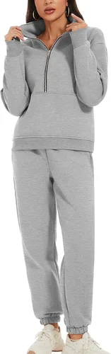 Miniatura 7 de PEHMEA Conjunto deportivo de 2 piezas de otoño para mujer, con forro polar, holgado, manga larga, media cremallera, cómodo conjunto de descanso