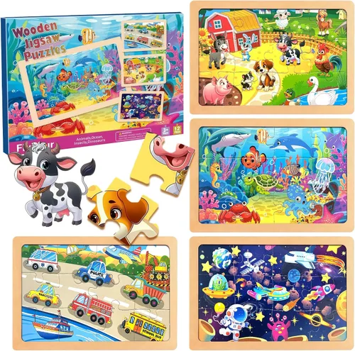 Miniatura 4 de Rompecabezas de madera para niños pequeños a partir de 3 años, rompecabezas de 12 piezas con vehículo de granja y océano para niños, 4 paquetes