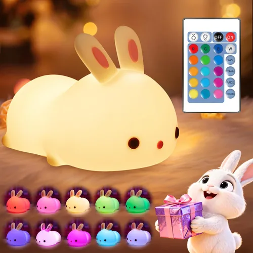 One Fire Juguetes de Conejo para Niños, Luz Nocturna para Niños con Control Remoto, 16 Colores + 5 Niveles de Brillo, Lámpara Linda, Luz Nocturna de