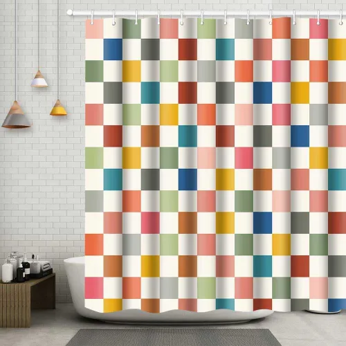 Miniatura 34 de Cortina de ducha a cuadros en blanco y negro, bonita cortina de ducha retro de tablero de ajedrez para decoración de baño, 72 x 72 pulgadas, cortina
