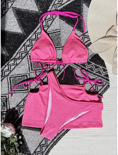 Miniatura 6 de GIANTHONG Conjunto de bikini de cintura alta con cuello redondo y espalda cruzada para mujer, traje de baño de tres piezas con estampado de vaca