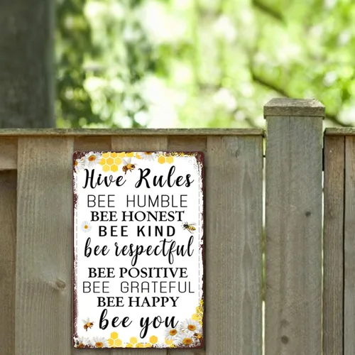 Miniatura 5 de Cartel de reglas de colmena de abejas, 30 x 20 cm, metal, cartel decorativo, apicultura, para montar en pared, amarillo, marrón 044