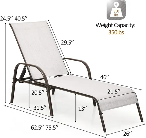 Miniatura 3 de Tangkula Sillón para exteriores, tumbona de patio con respaldo ajustable, sillón reclinable para piscina exterior con marco de acero resistente