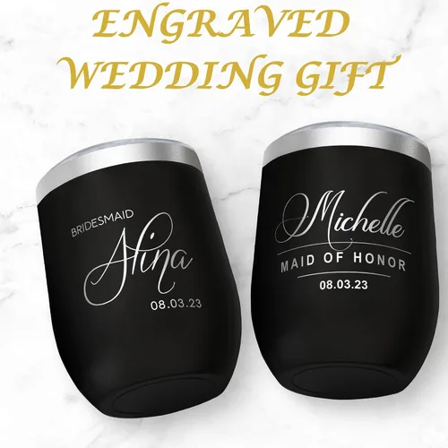 Miniatura 6 de Vaso de vino personalizado con tapa, taza aislada de acero inoxidable grabada personalizada negra para bebidas frías y calientes, regalo