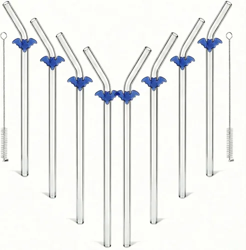 Miniatura 11 de Pajitas de cristal hechas a mano con dije de murciélago – Pajitas de borosilicato dobladas reutilizables de 9 pulgadas para vasos de 16 oz/20 onzas