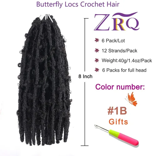 ZRQ Butterfly Locs Cabello de Ganchillo Corto 6 Paquetes Negro Cabello Bob de Ganchillo 8 Pulgadas Locs Sintéticos Desordenados Desgastados Trenzas