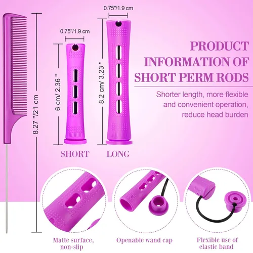 Miniatura 2 de 48 piezas de varillas para el cabello permanente, varillas cortas de onda fría, planchas de plástico para permanente, rulos de pelo con peine