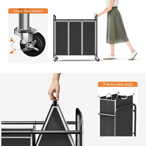 Miniatura 5 de ROMOON Clasificador de ropa resistente de 3 compartimentos, cesta con forro extraíble y ruedas, organizador que ahorra espacio para lavandería, Negro