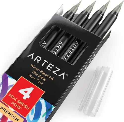Miniatura 3 de Arteza Bolígrafos de pincel real, A174 gris delfín, paquete de 4, bolígrafos de acuarela con puntas de pincel de nailon, suministros de arte