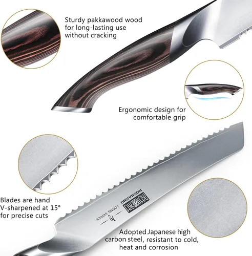 Miniatura 2 de HOSHANHO Cuchillo de pan de 8 pulgadas, cuchillo de pan serrado japonés de acero inoxidable de alto carbono, cuchillo profesional para cortar pan