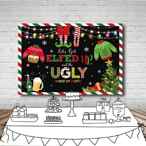 Miniatura 4 de MEHOFOND Telón de fondo de Feliz Navidad de 7 x 5 pies con texto en inglés "Let's Get Elfed up and The Ugly Sweater Party Fotografía", rojo y verde