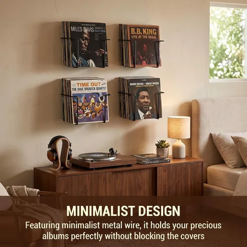 Miniatura 3 de MyGift Estante de exhibición de discos de vinilo de alambre de metal moderno, estantes de almacenamiento de pared para discos de vinilo, soportes