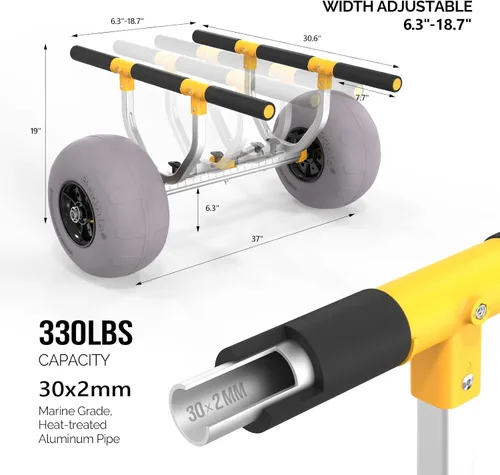 Miniatura 3 de Bonnlo Carrito de playa para kayak, ancho ajustable de 6.3 a 18.7 pulgadas, carrito universal de canoa resistente con ruedas de playa de globo de 12