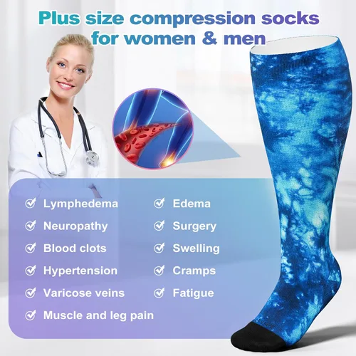 Miniatura 5 de LEVSOX Calcetines de compresión de talla grande, calcetines de soporte de pantorrilla ancha para mujeres y hombres, 15-20 mmHg hasta la rodilla
