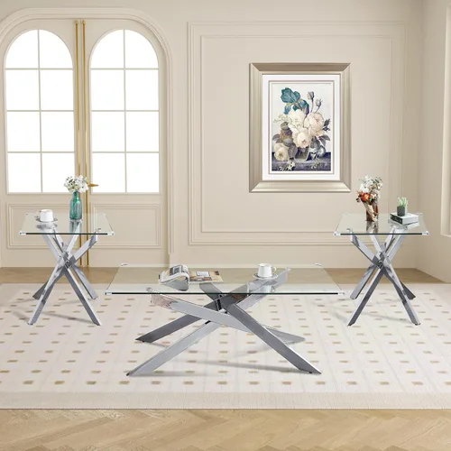 Miniatura 11 de Mesa de centro rectangular moderna de cristal, mesa central de vidrio templado y patas de metal chapado en oro para sala de estar, oficina en casa