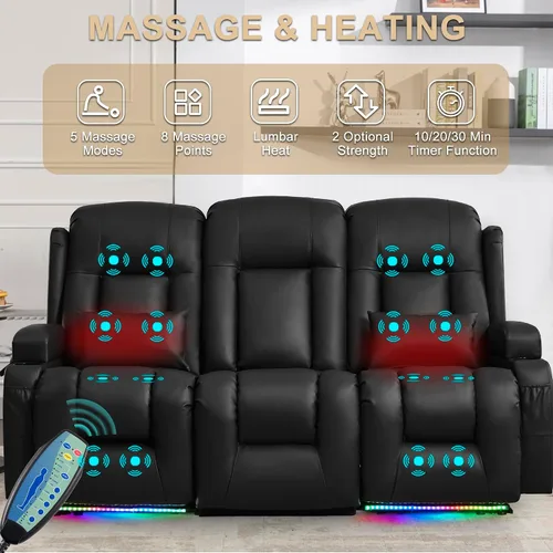 Miniatura 5 de URRED Sofá reclinable eléctrico con masaje y calor, sofá biplaza reclinable de pared con consola, sofá de casa rodante, asiento de cine en casa