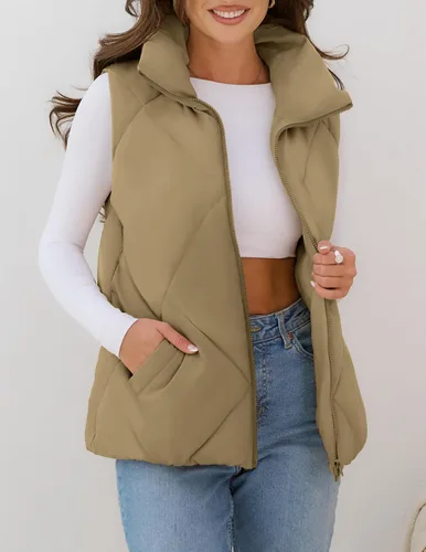 Miniatura 8 de MEROKEETY Chaleco acolchado sin mangas con cremallera para mujer, con cuello alto, con bolsillos